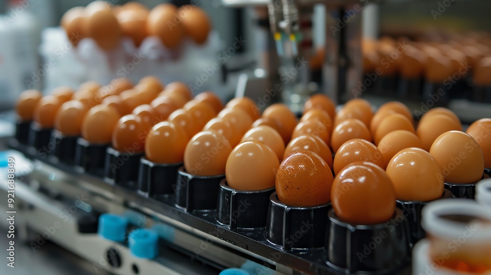 Brown eggs moving along a conveyor belt in a food processing factory. Brown eggs moving along a conveyor belt in a food processing factory.