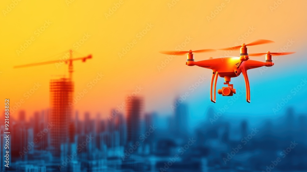 Futuristic Construction Site with Drones and Digital Tools for Real-Time Economic Analysis - Flat Design Illustration with Copy Space Futuristic Construction Site with Drones and Digital Tools for Real-Time Economic Analysis - Flat Design Illustration with Copy Space