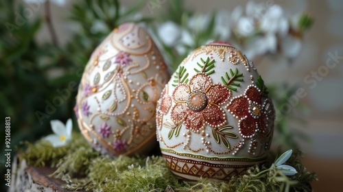 Wallpaper Mural Two intricately decorated eggs with floral patterns rest on a bed of moss and greenery, evoking a sense of springtime elegance. Torontodigital.ca