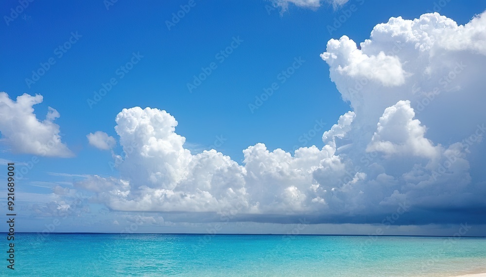 Fototapeta Beautiful beach with white sand turquoise ocean blue sky with clouds and palm tree over the water
16