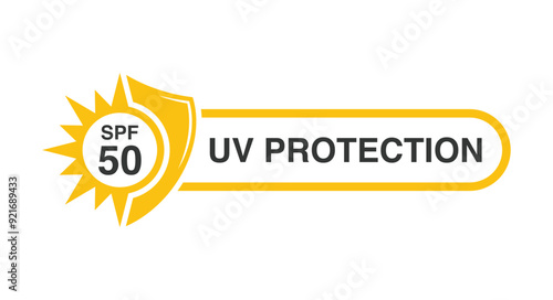 SPF 50 icon logo vector design UV protection with sun icon, shield symbol, in yellow color in white background. SPF icons for sunscreen skin cosmetics packaging