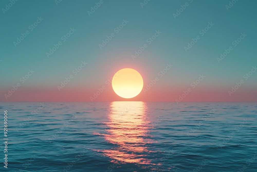 A large, round sun sets over the horizon, casting an orange glow across the calm ocean water. A large, round sun sets over the horizon, casting an orange glow across the calm ocean water.