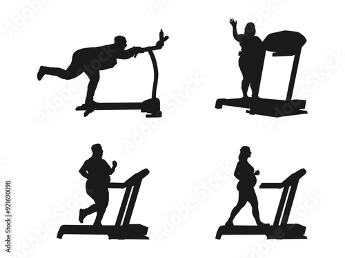 girl running on the treadmill silhouettes vector. Sport woman exercises on gym fitness machine vector silhouette. Chest legs pressure. Treadmill icon in black style isolated on white background.