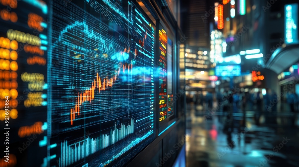 A digital display showing stock market data, illuminating a bustling city street at night. This symbolizes growth, investment, finance, technology, and urban life. A digital display showing stock market data, illuminating a bustling city street at night. This symbolizes growth, investment, finance, technology, and urban life.