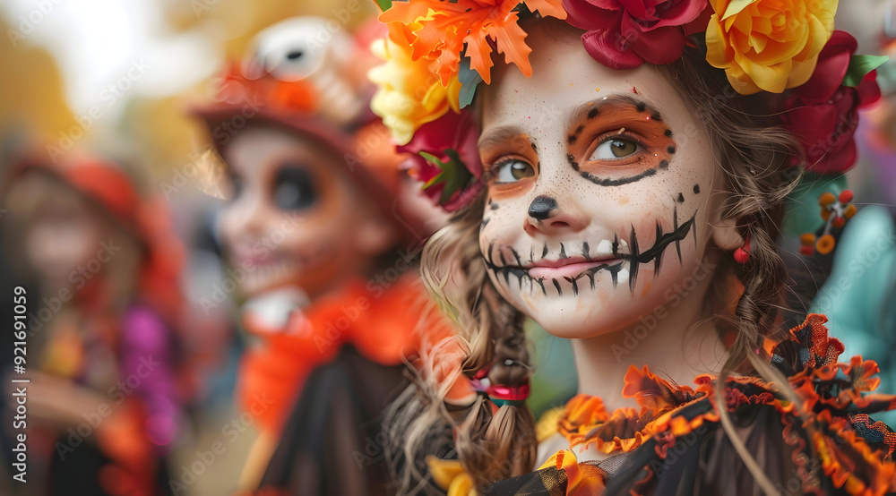 Close-Up Portrait of a Girl Dressed in a Halloween Costume with a Flower Crown Close-Up Portrait of a Girl Dressed in a Halloween Costume with a Flower Crown