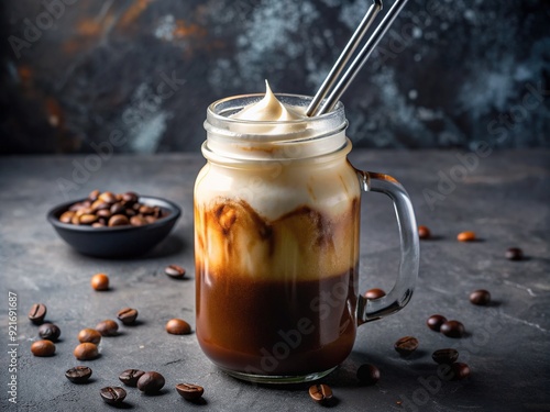 Frosted mason jar filled with dark, rich cold brew coffee, topped with a thin layer of crema, and accessorized with a sleek metal straw. photo