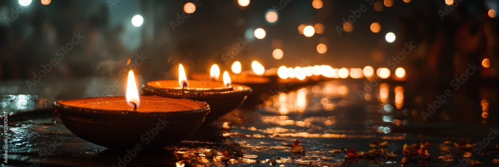 A line of glowing candles, symbolizing hope, faith, remembrance, warmth, and tranquility, against a backdrop of twinkling lights. A line of glowing candles, symbolizing hope, faith, remembrance, warmth, and tranquility, against a backdrop of twinkling lights.