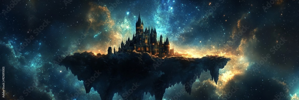 Obraz premium A majestic castle stands tall on a floating island amidst a star-filled sky, symbolizing imagination, wonder, isolation, and the power of dreams.