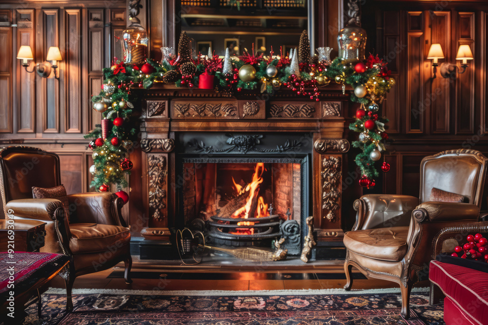 A cozy Christmas fireplace with a roaring fire, stockings hanging on the mantel, and a garland of pine branches and twinkling lights, warm and inviting atmosphere. A cozy Christmas fireplace with a roaring fire, stockings hanging on the mantel, and a garland of pine branches and twinkling lights, warm and inviting atmosphere.