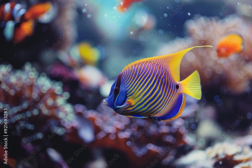 Obraz premium Vibrant school of tropical fish swimming among coral reefs, bright colors, crystal clear water