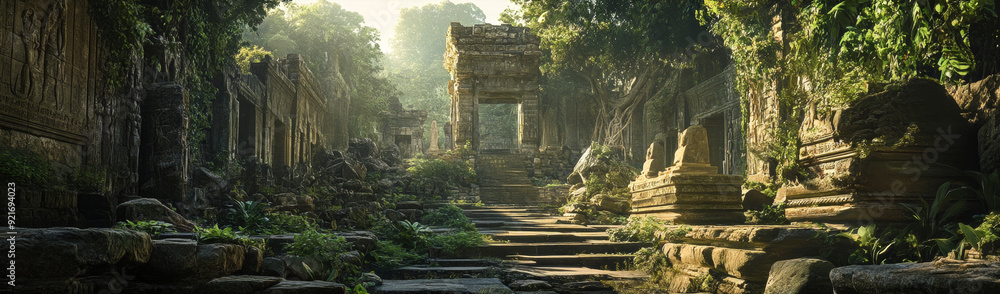A mystical scene with ancient stone structures shrouded by vibrant green foliage, evoking a sense of history, exploration, and the passage of time. A mystical scene with ancient stone structures shrouded by vibrant green foliage, evoking a sense of history, exploration, and the passage of time.