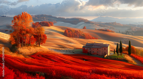 Autumnal Tuscan Landscape with House - Illustration