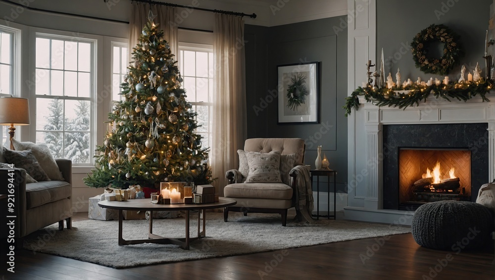 Festively decorated home with Christmas tree Festively decorated home with Christmas tree