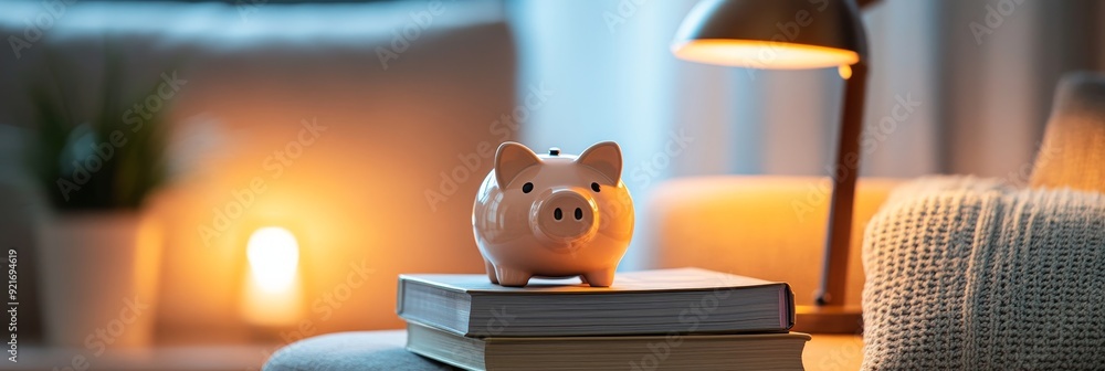 Naklejka premium A piggy bank sits atop a stack of books on a cozy living room couch, symbolizing financial planning, saving for the future, knowledge, and home comfort.