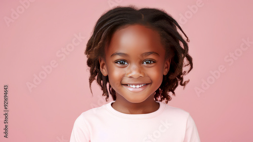 Portrait of smiling cute African American child girl with perfect skin, pink background, banner.