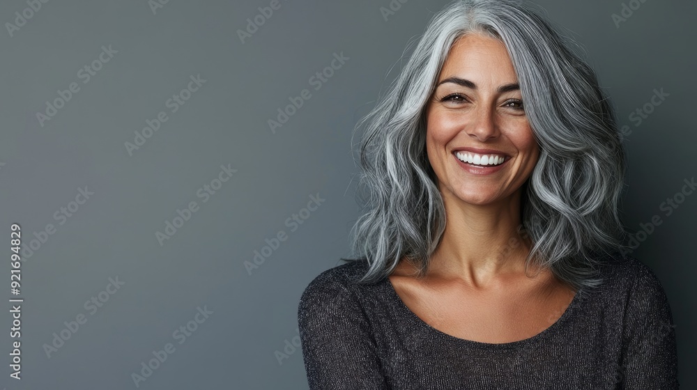 A portrait of a confident and happy mature woman with gray hair, showcasing a positive attitude and natural beauty. A portrait of a confident and happy mature woman with gray hair, showcasing a positive attitude and natural beauty.