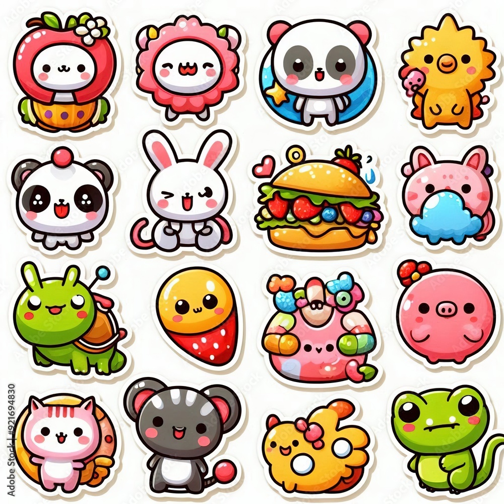 Fototapeta premium Adorable cartoon stickers with various animals, food, and objects.