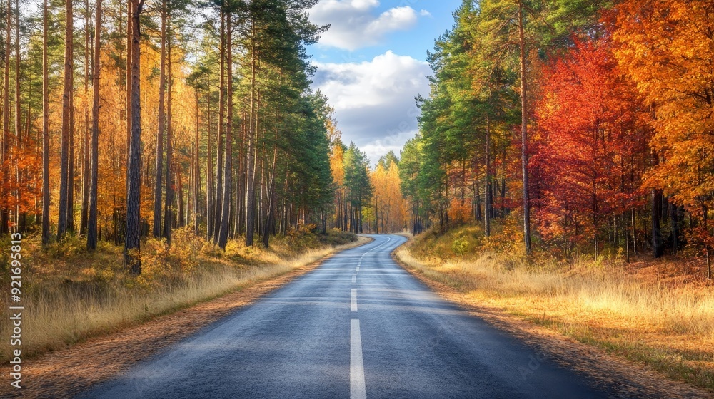 A scenic road winds through a forest with vibrant autumn foliage. The road leads to a distant horizon, symbolizing a journey, new beginnings A scenic road winds through a forest with vibrant autumn foliage. The road leads to a distant horizon, symbolizing a journey, new beginnings