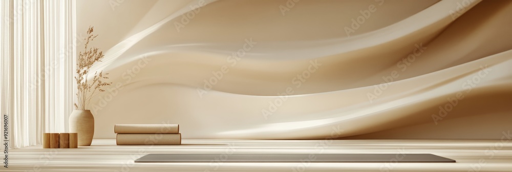A serene and minimalist room featuring a flowing beige fabric backdrop, a vase with dried pampas grass, and a yoga mat on a wooden platform, symbolizing relaxation, tranquility, wellness A serene and minimalist room featuring a flowing beige fabric backdrop, a vase with dried pampas grass, and a yoga mat on a wooden platform, symbolizing relaxation, tranquility, wellness