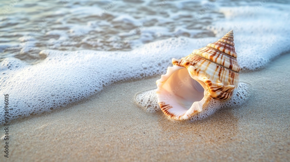 A seashell sits on a sandy beach, partially submerged in foamy waves, symbolizing tranquility, nature, summer, ocean life, and relaxation. A seashell sits on a sandy beach, partially submerged in foamy waves, symbolizing tranquility, nature, summer, ocean life, and relaxation.