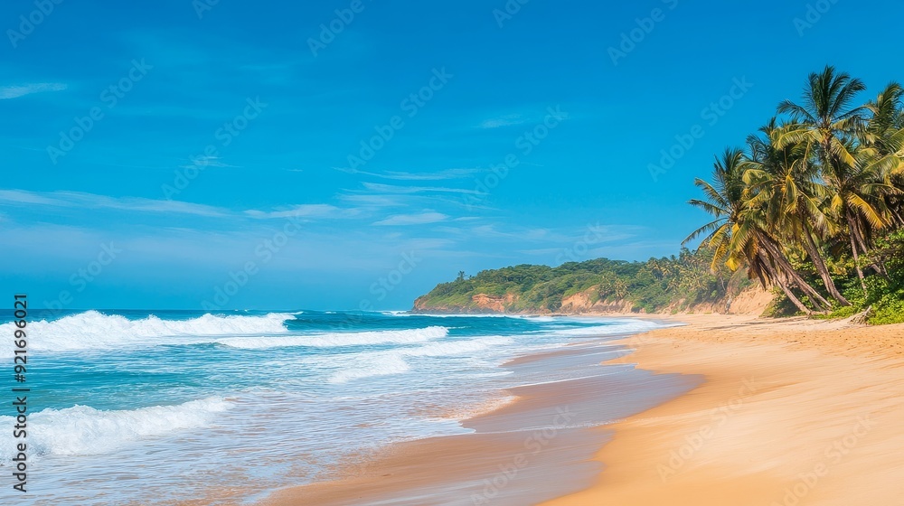 A serene beach scene with sparkling blue water lapping at the shore, a pristine sandy beach A serene beach scene with sparkling blue water lapping at the shore, a pristine sandy beach
