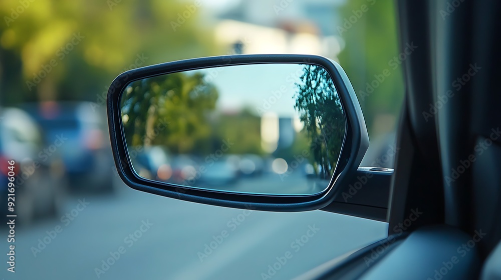 Blurry Street View Reflected in Car Side Mirror. Blurry Street View Reflected in Car Side Mirror.