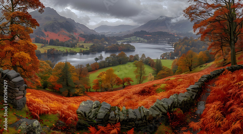 Autumnal Lake District Landscape with Stone Wall and Distant Mountains - Illustration photo