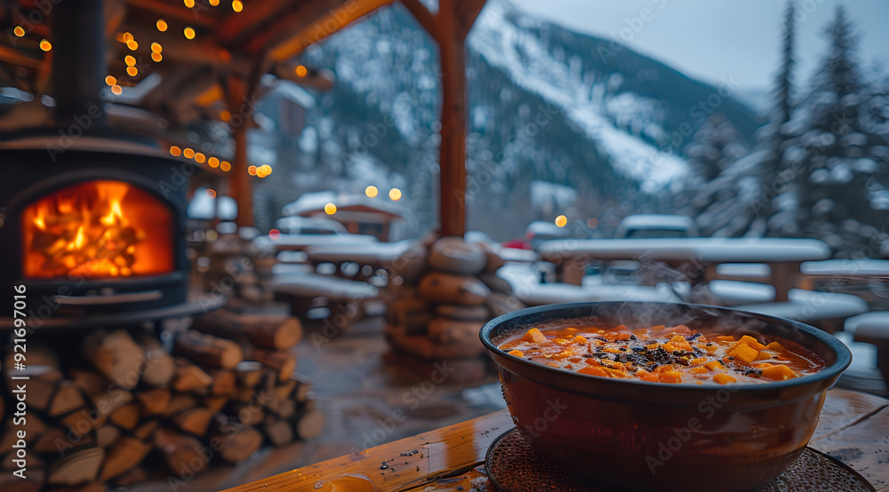 Steaming Pot of Soup on a Snowy Mountainside Patio - Photo Steaming Pot of Soup on a Snowy Mountainside Patio - Photo