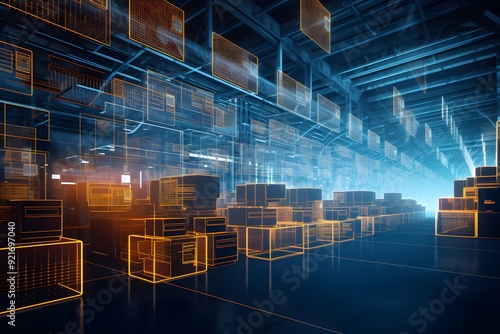 Smart warehouse environment, Futuristic storage facility with interactive digital overlays