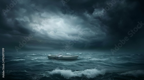 A small boat sits alone in the middle of a vast, stormy sea. The sky is dark and ominous, with heavy clouds looming overhead. The waves are choppy and the water is turbulent