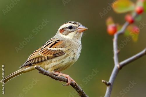 A small sparrow bird with brown and white feathers perched on a branch, looking to the right. There are red berries in the background. The bird is a symbol of nature, wildlife, birds, beauty