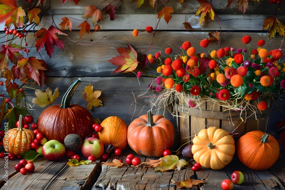Autumnal Still Life with Pumpkins, Apples, and Flowers Autumnal Still Life with Pumpkins, Apples, and Flowers