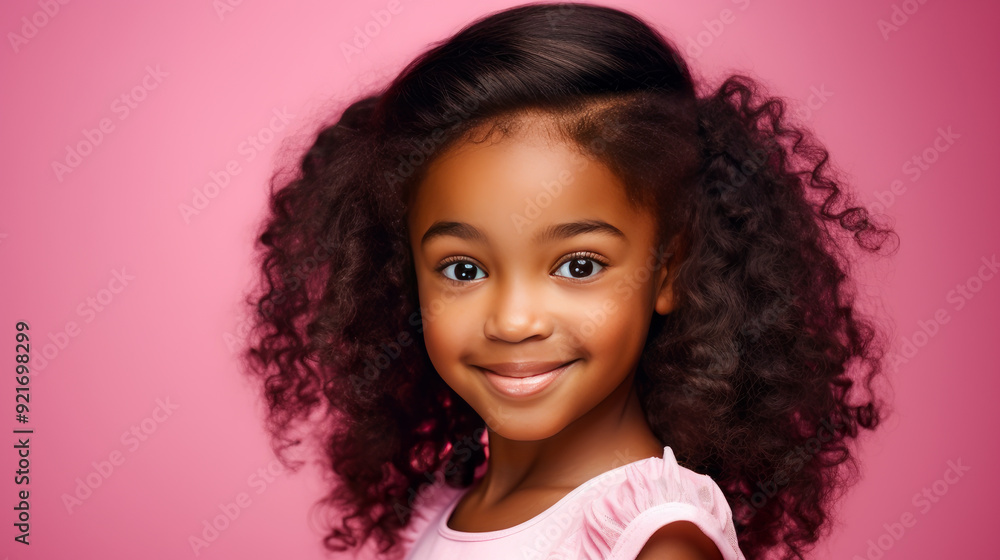 Portrait of smiling cute African American child girl with perfect skin, pink background, banner. Portrait of smiling cute African American child girl with perfect skin, pink background, banner.