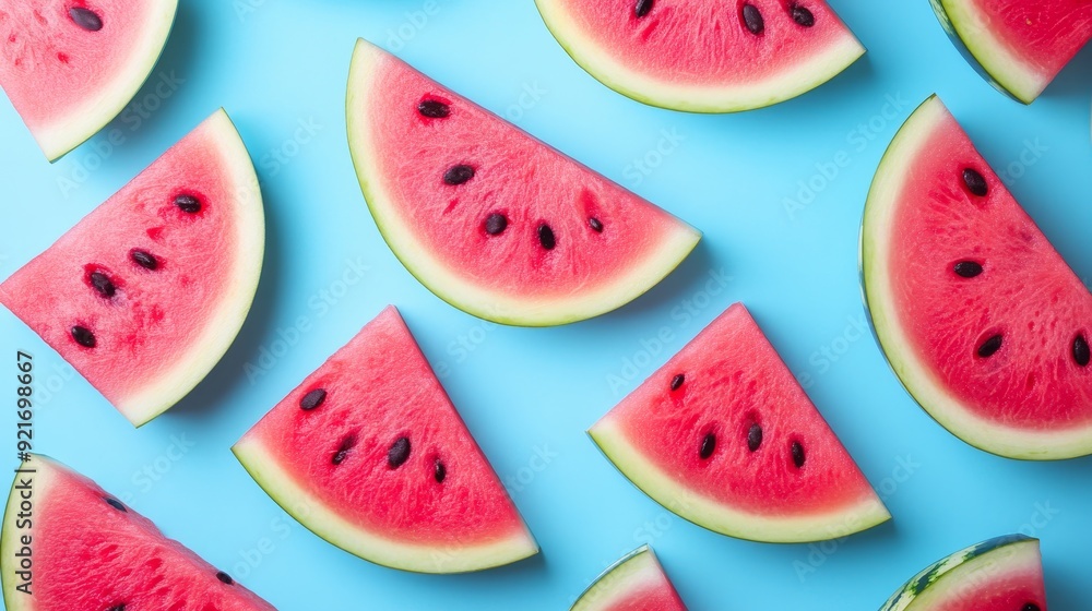 A vibrant and refreshing image showcasing perfectly sliced watermelon on a bright blue background, symbolizing summer, sweetness, refreshment, healthy eating, and juicy fruit. A vibrant and refreshing image showcasing perfectly sliced watermelon on a bright blue background, symbolizing summer, sweetness, refreshment, healthy eating, and juicy fruit.