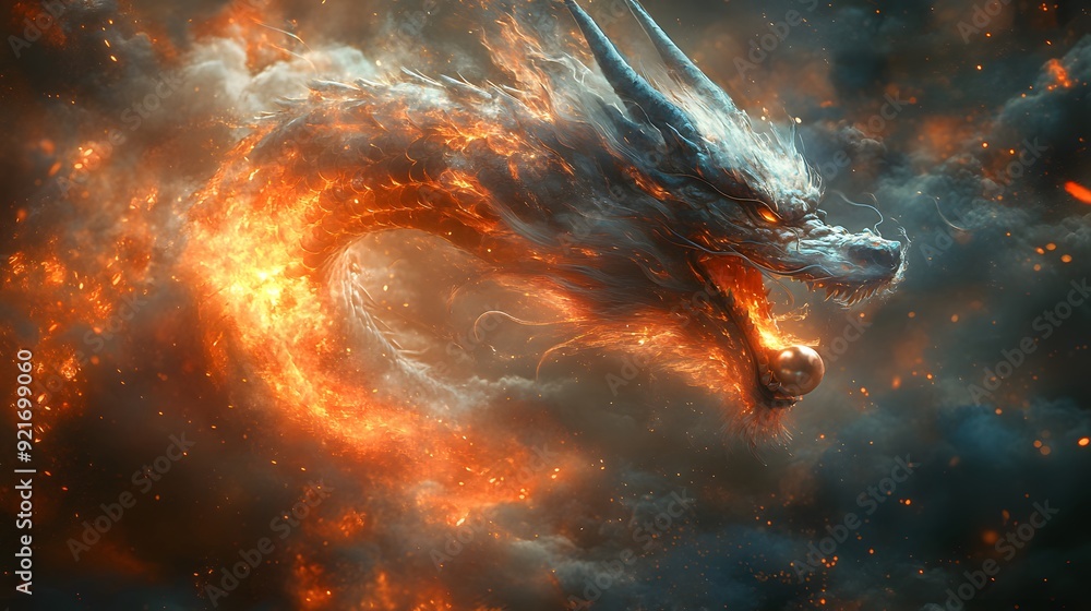 Auspicious Dragon And Flaming Pearl A Dragon Exhaling Fire While 