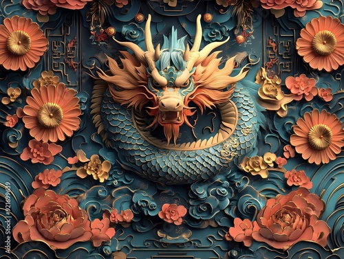 Auspicious Dragon and Auspicious Symbols: A dragon surrounded by traditional auspicious symbols, enhancing power and prosperity