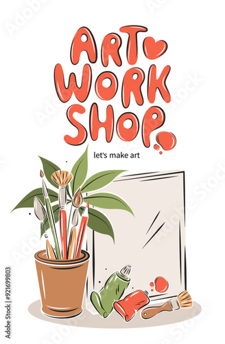 Art workshop. Poster design or logo for painting education. Creative artists event. Canvas, oil paint in tubes, painting brushes and drawing tools.  Vector illustration