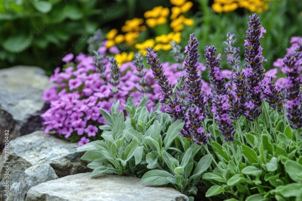 Fototapeta premium Diverse herb garden with blooming lavender, sage, and mint plants, highlighting their rich colors and textures.