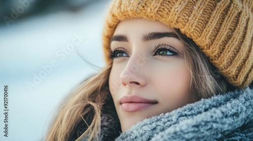 A young woman with long brown hair wears a yellow knitted hat and a grey scarf, looking up with a thoughtful expression, symbolizing winter fashion, beauty, serenity, hope, and contemplation.