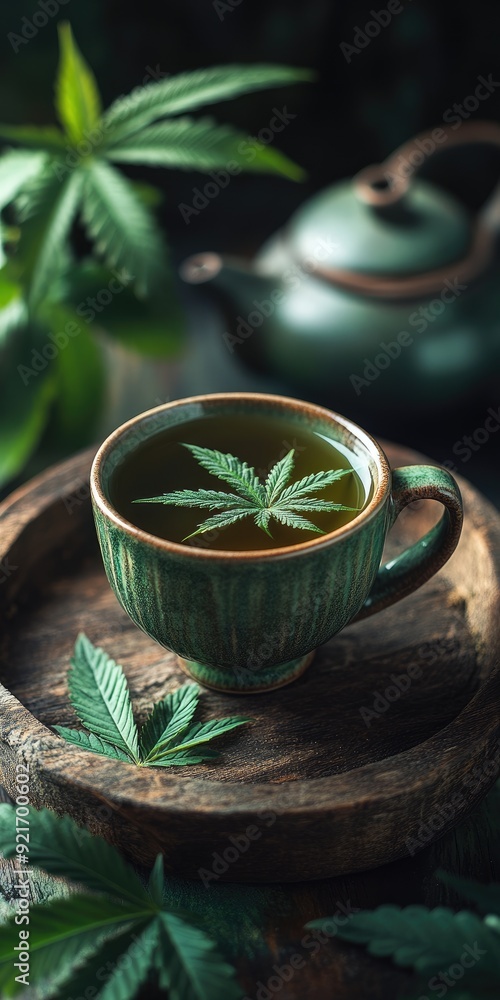 Cup of herbal tea with a cannabis leaf floating on it, surrounded by additional cannabis leaves and buds on a wooden tray Cup of herbal tea with a cannabis leaf floating on it, surrounded by additional cannabis leaves and buds on a wooden tray