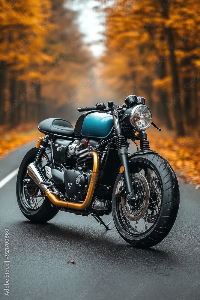 A stunning motorcycle parked on a rural road at sunset, highlighting its metallic parts against a dramatic sky, symbolizing freedom and adventure in a modern, artistic style. A stunning motorcycle parked on a rural road at sunset, highlighting its metallic parts against a dramatic sky, symbolizing freedom and adventure in a modern, artistic style.