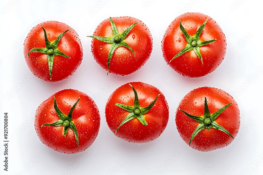 Fototapeta premium Six red ripe tomatoes with water droplets on a white background.