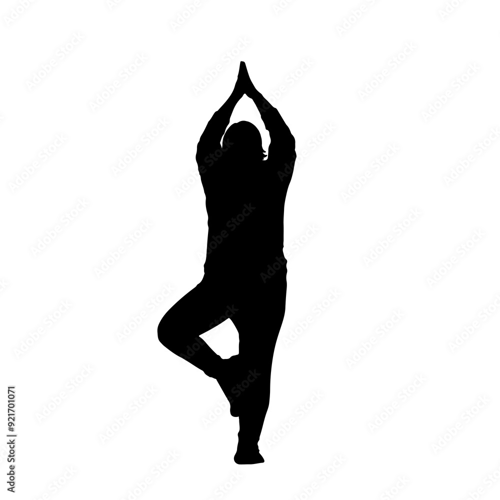 Fototapeta premium Yoga pose silhouette, silhouette of young woman in yoga position. Isolated on white. Yoga standing pose, vector Health care activity.