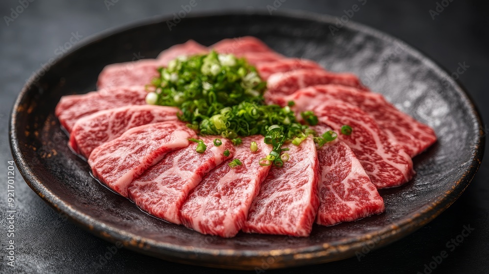 Closeup of thinly sliced raw wagyu beef arranged in a circle on a black plate, garnished with green onions. The beef is marbled with fat and has a rich, red color. Closeup of thinly sliced raw wagyu beef arranged in a circle on a black plate, garnished with green onions. The beef is marbled with fat and has a rich, red color.