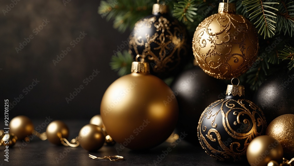 Fancy golden and black christmas background with ornaments. Greeting card mockup Fancy golden and black christmas background with ornaments. Greeting card mockup