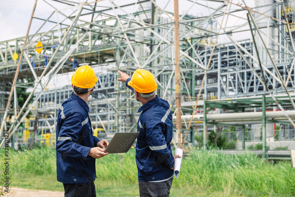 Engineer worker team working outdoor, Surveyor teamwork survey gas pipe oil transport pipeline deploy building project for refinery industry. Engineer worker team working outdoor, Surveyor teamwork survey gas pipe oil transport pipeline deploy building project for refinery industry.