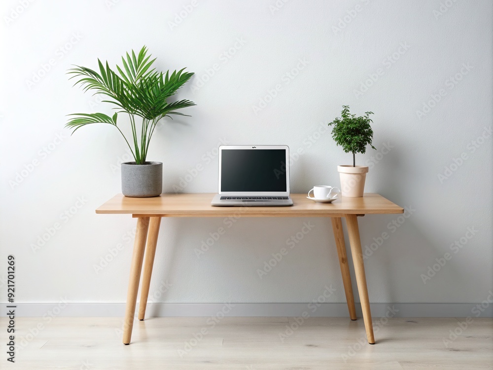 Sleek, modern desk with a single laptop and potted plant against a clean, white background, exuding simplicity and serenity in a clutter-free workspace. Sleek, modern desk with a single laptop and potted plant against a clean, white background, exuding simplicity and serenity in a clutter-free workspace.