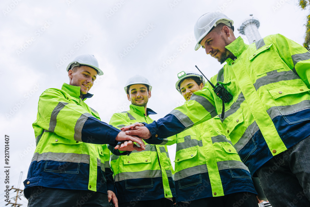 Group of Refinery Engineer team workers Join Hand for Collaboration Working. Industrial Worker Mix Together. Workers hands meeting job successfully. Group of Refinery Engineer team workers Join Hand for Collaboration Working. Industrial Worker Mix Together. Workers hands meeting job successfully.