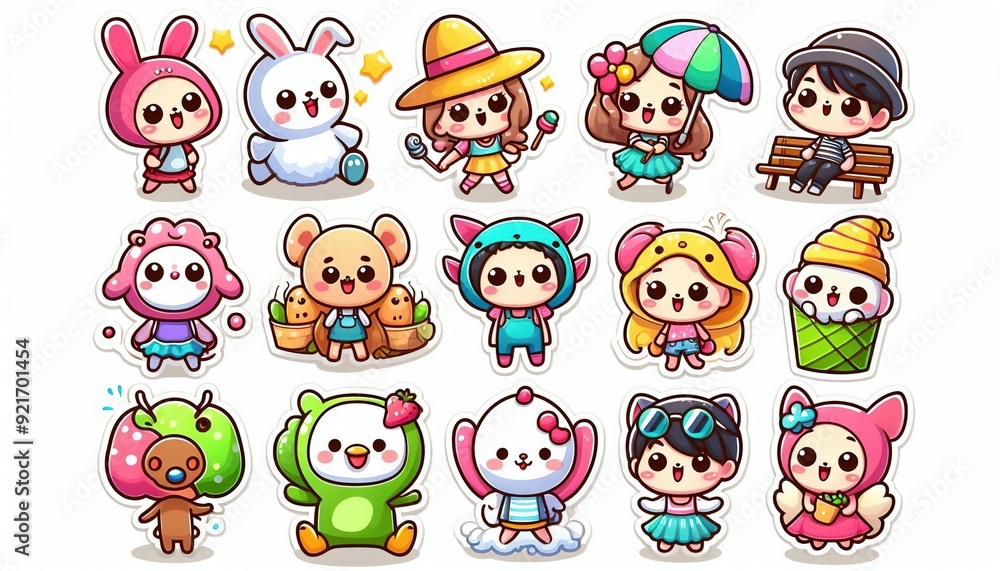 Cute cartoon characters with different outfits and expressions.