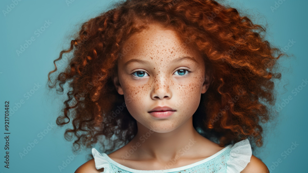 Portrait of smiling cute African American child girl with red hair and perfect skin, light blue background, banner. Portrait of smiling cute African American child girl with red hair and perfect skin, light blue background, banner.